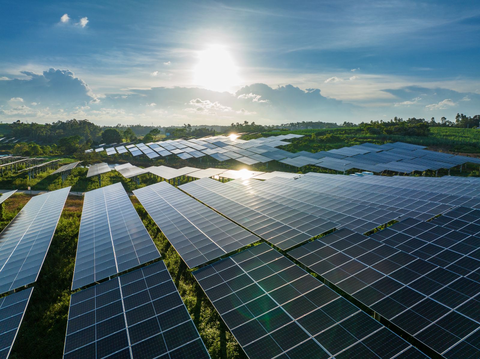 Aerial view of a multi-row ground-mounted solar array across open land